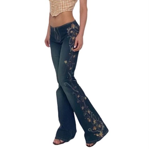 Z CAVARICCI Vintage Y2K Low Rise Embroidered Flare Denim Jeans Sz 3 Runs Big - Picture 1 of 8